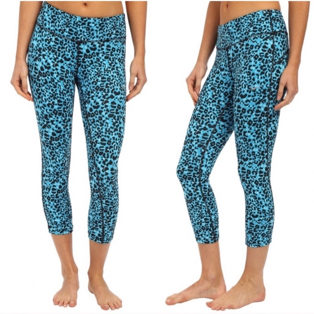 Nike Lotus Epic Run Crop Blue Black Leopard Print Running Leggings S Athletic